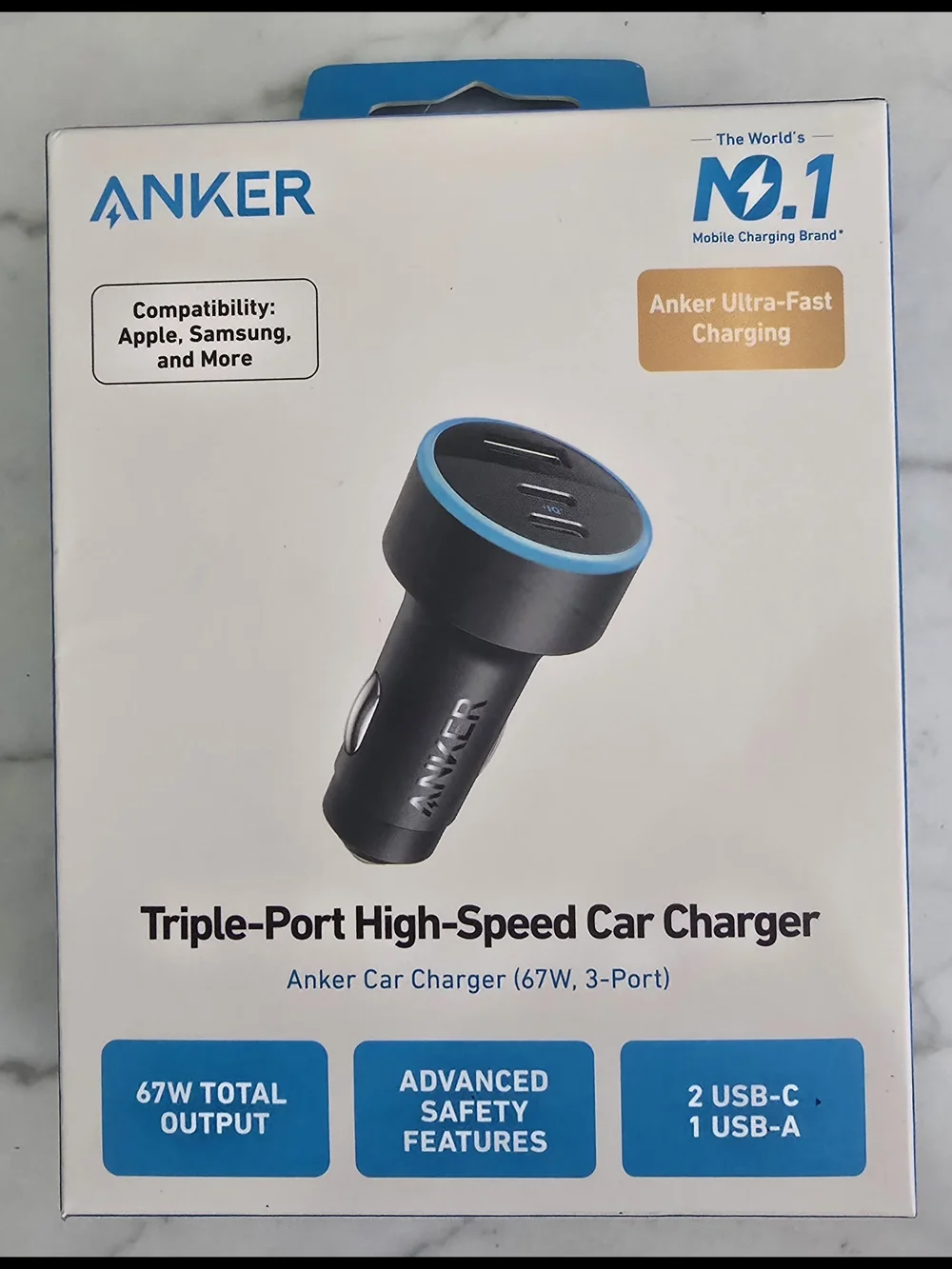 Anker Triple-Port Car Charger — Black with Light Blue Accent